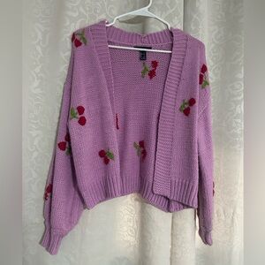 Forever 21 Cherry Embroidered Cardigan Lavender Knit Sweater